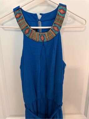 Beaded-Neckline Royal Blue Sleeveless Dress